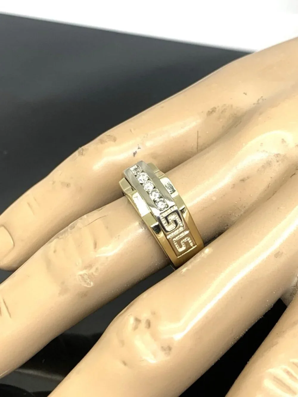 Men's Ring 14k Yellow Gold Diamond 0.25ctw Statement Greek Key Pattern Size 11.5